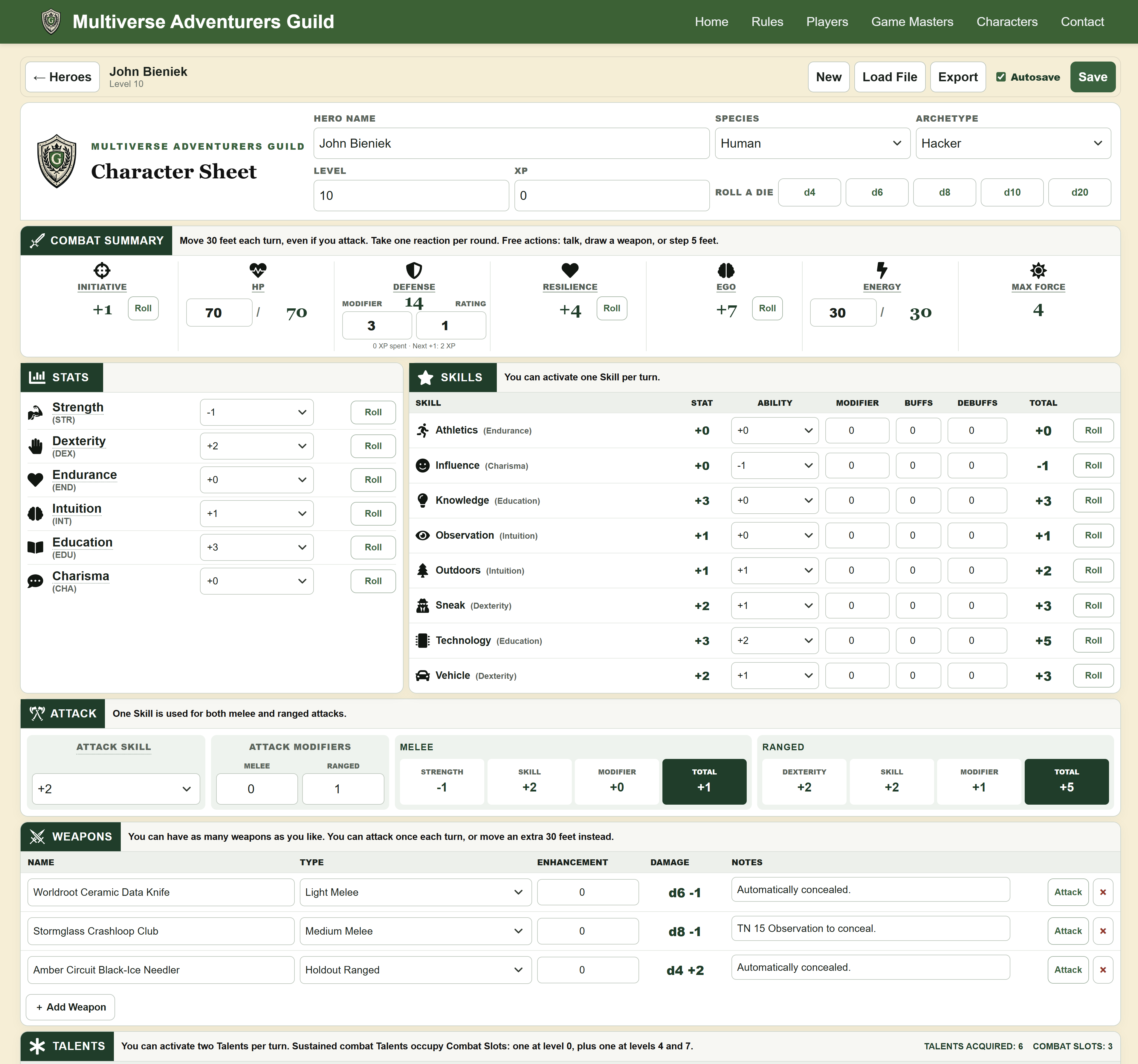 The Multiverse Adventurers Guild playable character sheet